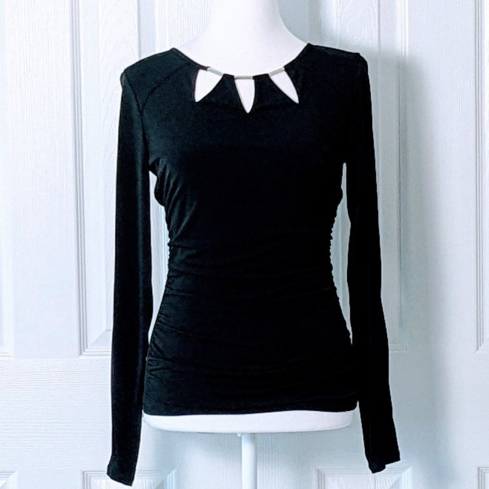 A. BYER Women's Long Sleeved Cut Out Shirred Top Blouse Size S Black NWT
